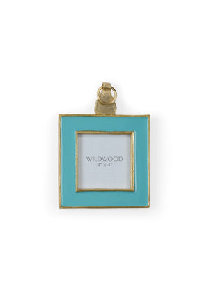 Wildwood Aqua Enamel Picture Frame With Textured Gold Trim — Glossy 4X4 Photo Display For Chic Shelves 9.5h x 6.25w x .75d 302113