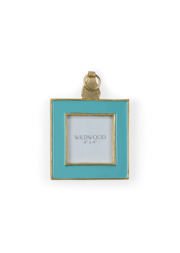 Wildwood Aqua Enamel Picture Frame With Textured Gold Trim — Glossy 4X4 Photo Display For Chic Shelves 9.5h x 6.25w x .75d 302113