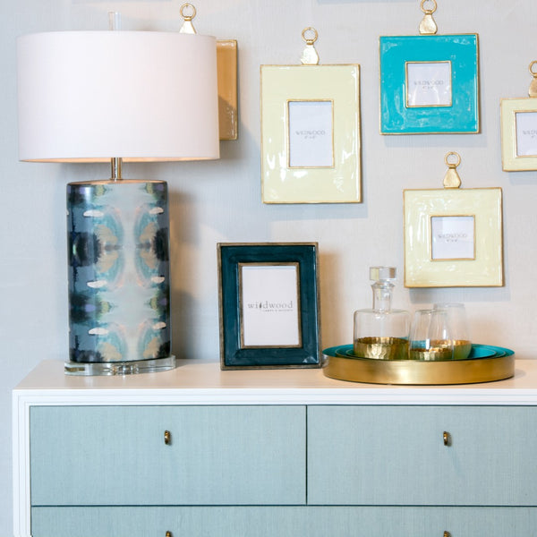 Wildwood Aqua Enamel Picture Frame With Textured Gold Trim — Glossy 4X4 Photo Display For Chic Shelves 11.5h x 8.5w x .75d 302114