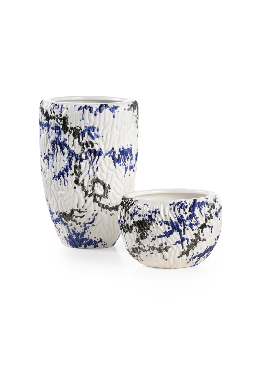 Wildwood Pollock Matte Ceramic Vase Set — Hand-Finished Abstract Splatter Design In Black & Blue For Modern Decor 302153