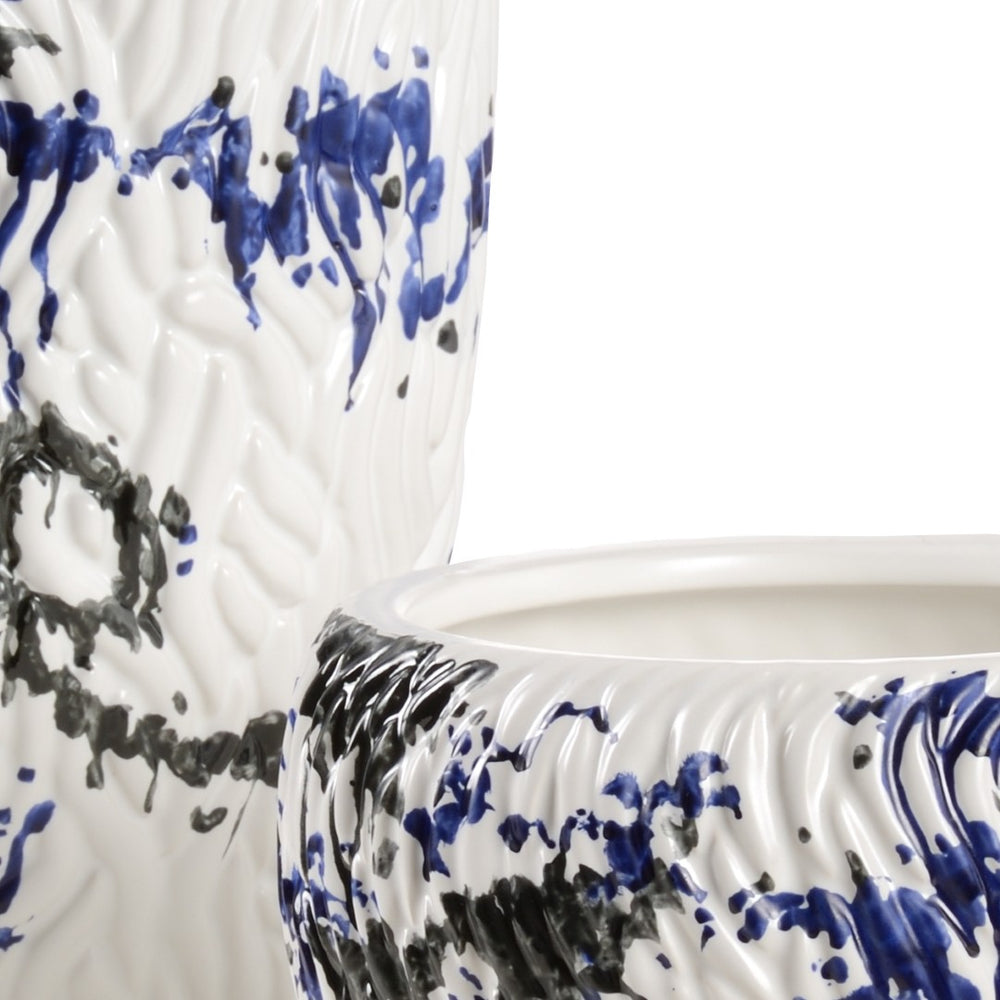 Wildwood Pollock Matte Ceramic Vase Set — Hand-Finished Abstract Splatter Design In Black & Blue For Modern Decor 302153