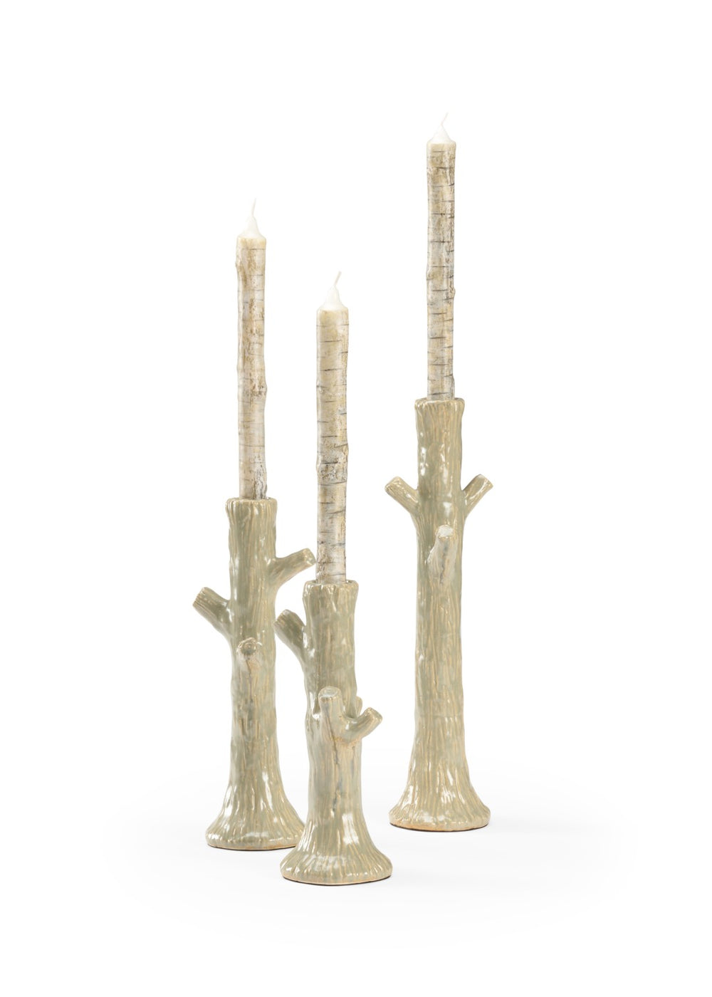 Wildwood Faux Bois Candlesticks Set Of 3 — Moss Green Glazed Ceramic Faux-Wood Taper Holders For Rustic Farmhouse Decor 302169