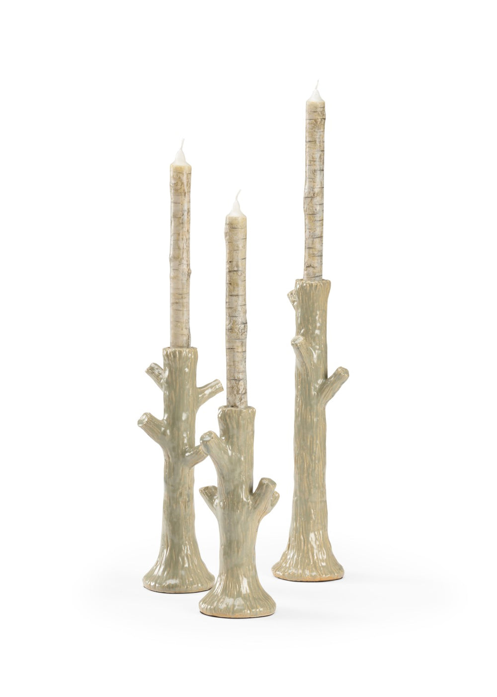 Wildwood Faux Bois Candlesticks Set Of 3 — Moss Green Glazed Ceramic Faux-Wood Taper Holders For Rustic Farmhouse Decor 302169