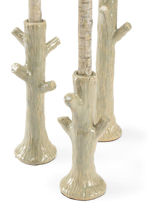 Wildwood Faux Bois Candlesticks Set Of 3 — Moss Green Glazed Ceramic Faux-Wood Taper Holders For Rustic Farmhouse Decor 302169