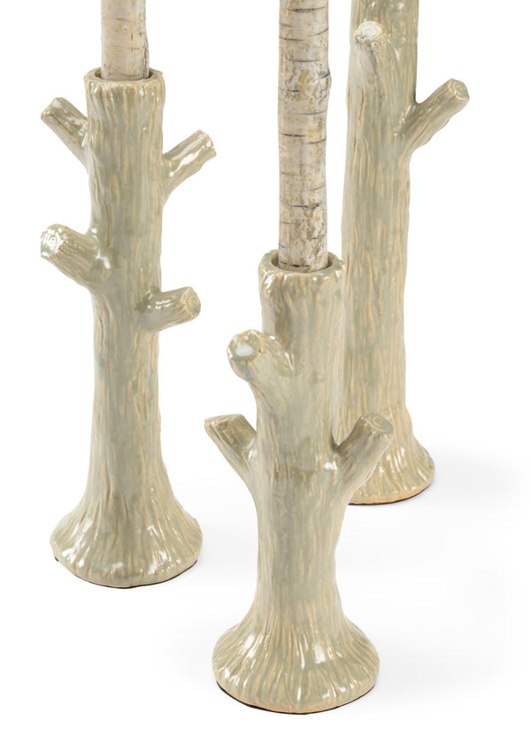 Wildwood Faux Bois Candlesticks Set Of 3 — Moss Green Glazed Ceramic Faux-Wood Taper Holders For Rustic Farmhouse Decor 302169