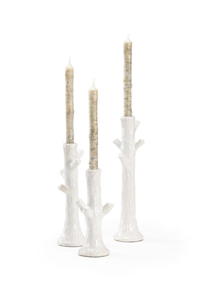 Wildwood Faux Bois Glazed Candlesticks Set Of 3 — White Ceramic Taper Holders With Wood-Grain Texture For Coastal Farmhouse Decor 302170