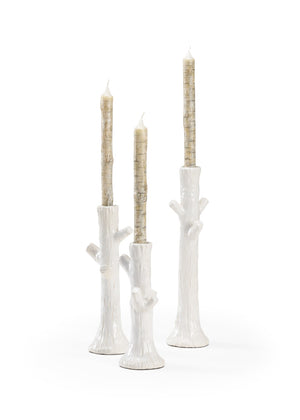 Wildwood Faux Bois Glazed Candlesticks Set Of 3 — White Ceramic Taper Holders With Wood-Grain Texture For Coastal Farmhouse Decor 302170