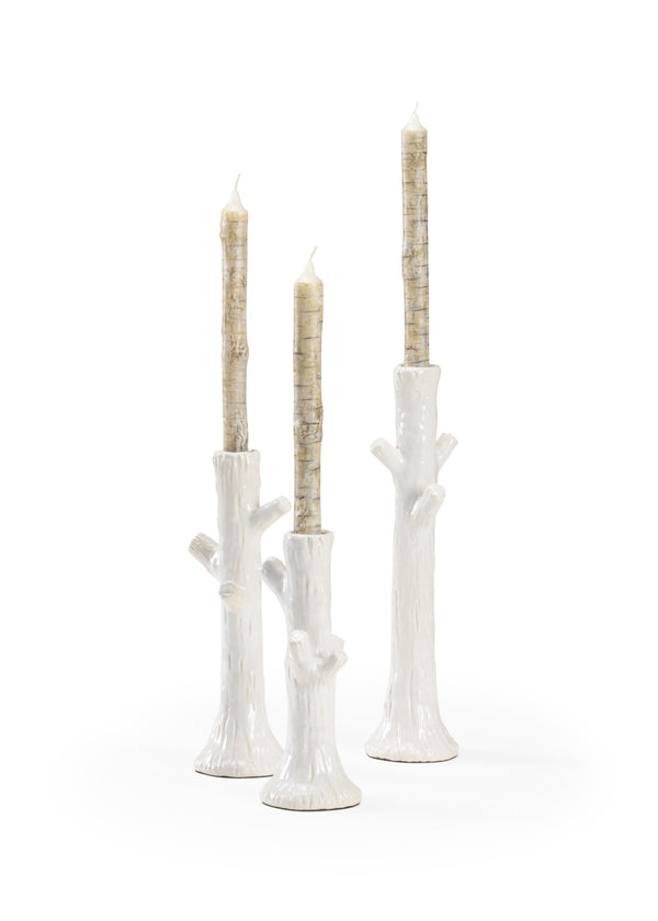 Wildwood Faux Bois Glazed Candlesticks Set Of 3 — White Ceramic Taper Holders With Wood-Grain Texture For Coastal Farmhouse Decor 302170
