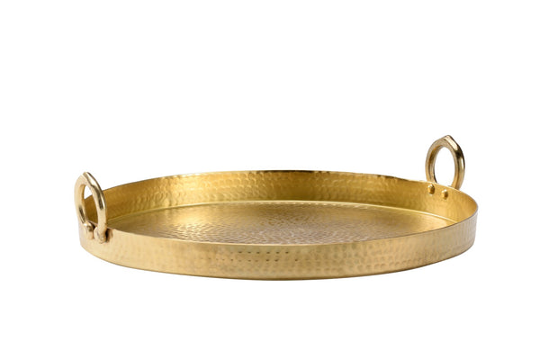 Wildwood Hammered Antique Brass Serving Tray With Integrated Handles — Elegant Textured Round DéCor Catchall 4h x 19w x 18d 302179