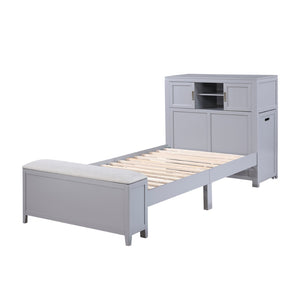 English Elm Gray Twin Platform Bed with Bookcase Headboard Hidden Desk Stool and Footboard Bench Gray B011S02323