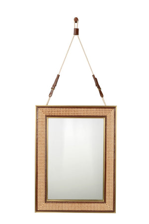 Wildwood Under Cane Mirror — 66" Handwoven Cane & Cognac Leather Frame With Brushed Brass Trim, Nautical Rope Hanging 302211