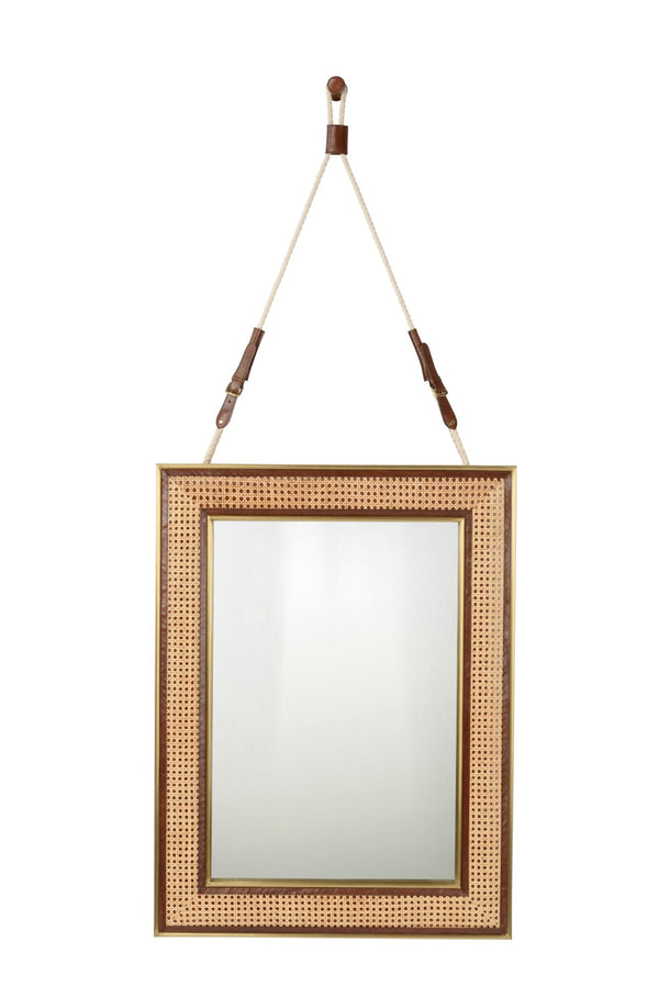 Wildwood Under Cane Mirror — 66" Handwoven Cane & Cognac Leather Frame With Brushed Brass Trim, Nautical Rope Hanging 302211