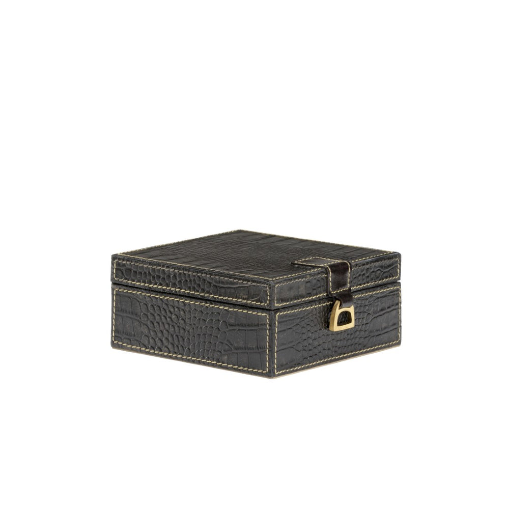 Wildwood Croc Embossed Black Leather Box Small — Felt-Lined Watch & Jewelry Organizer With Stirrup Handle, Luxe Desk Accent 302214