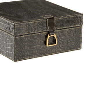 Wildwood Croc Embossed Black Leather Box Small — Felt-Lined Watch & Jewelry Organizer With Stirrup Handle, Luxe Desk Accent 302214