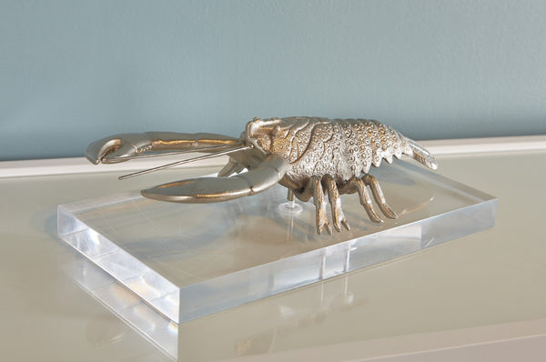 Wildwood Thibault Brushed Nickel Lobster Sculpture On Clear Acrylic Base — Coastal Accent For Shelves & Mantels 302220
