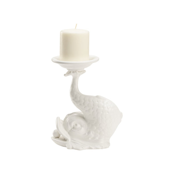 Wildwood Italian Renaissance Dolphin Ceramic Candleholder In Matte White Glaze — Hand-Crafted, Elegant Accent For Mantels And Tables 302237