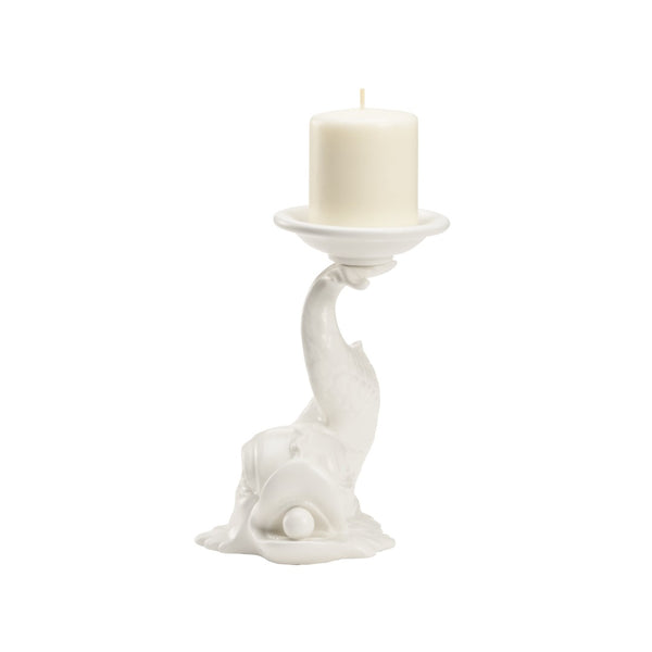 Wildwood Italian Renaissance Dolphin Ceramic Candleholder In Matte White Glaze — Hand-Crafted, Elegant Accent For Mantels And Tables 302237