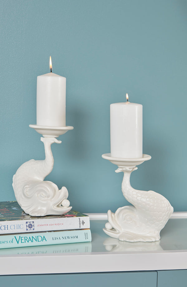 Wildwood Italian Renaissance Dolphin Ceramic Candleholder In Matte White Glaze — Hand-Crafted, Elegant Accent For Mantels And Tables 302237