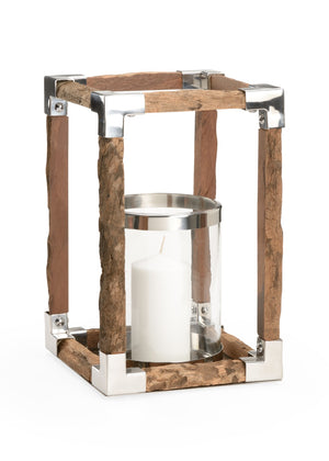 Wildwood Modern Rustic Hurricane With Reclaimed Wood Base, Polished Nickel Frame & Glass - 14.5" H Accent Piece For Mantels And Tables 302243