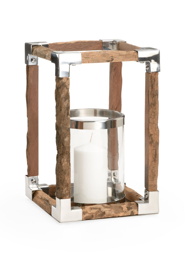 Wildwood Modern Rustic Hurricane With Reclaimed Wood Base, Polished Nickel Frame & Glass - 14.5" H Accent Piece For Mantels And Tables 302243