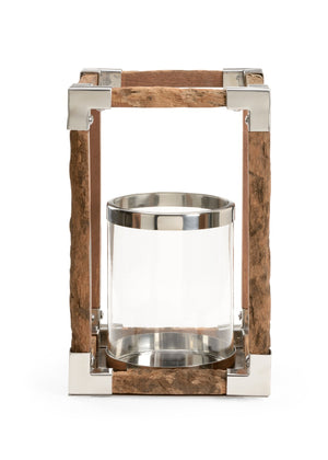 Wildwood Modern Rustic Hurricane With Reclaimed Wood Base, Polished Nickel Frame & Glass - 14.5" H Accent Piece For Mantels And Tables 302243