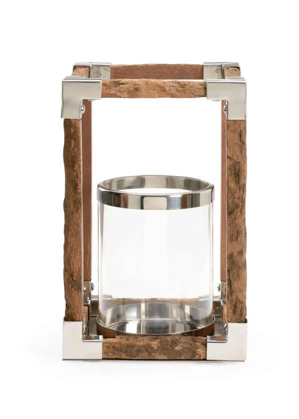 Wildwood Modern Rustic Hurricane With Reclaimed Wood Base, Polished Nickel Frame & Glass - 14.5" H Accent Piece For Mantels And Tables 302243
