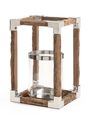 Wildwood Modern Rustic Hurricane With Reclaimed Wood Base, Polished Nickel Frame & Glass - 14.5" H Accent Piece For Mantels And Tables 302243