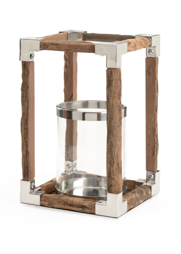 Wildwood Modern Rustic Hurricane With Reclaimed Wood Base, Polished Nickel Frame & Glass - 14.5" H Accent Piece For Mantels And Tables 302243