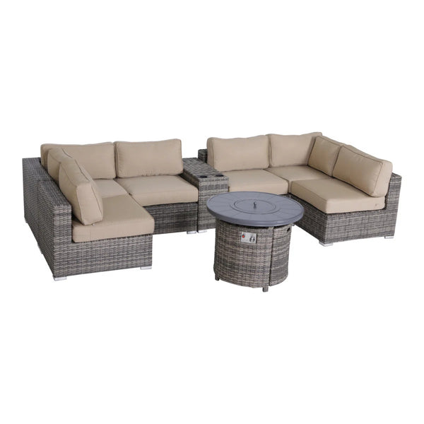 English Elm Fully Assembled 8-Piece Modular Patio Sectional Set With Fire Pit & Weather-Resistant Cushions B120S00153
