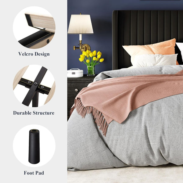 English Elm Full Size Black Fabric Upholstered Platform Bed Tall Headboard No Box Spring Required W5239P451636