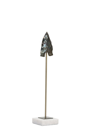 Wildwood Arrowsmith Antique Bronze Cast Iron Arrowhead Sculpture On White Marble Base — Rustic Museum DéCor Piece 15.5h x 3.25w x 3.25d 302315