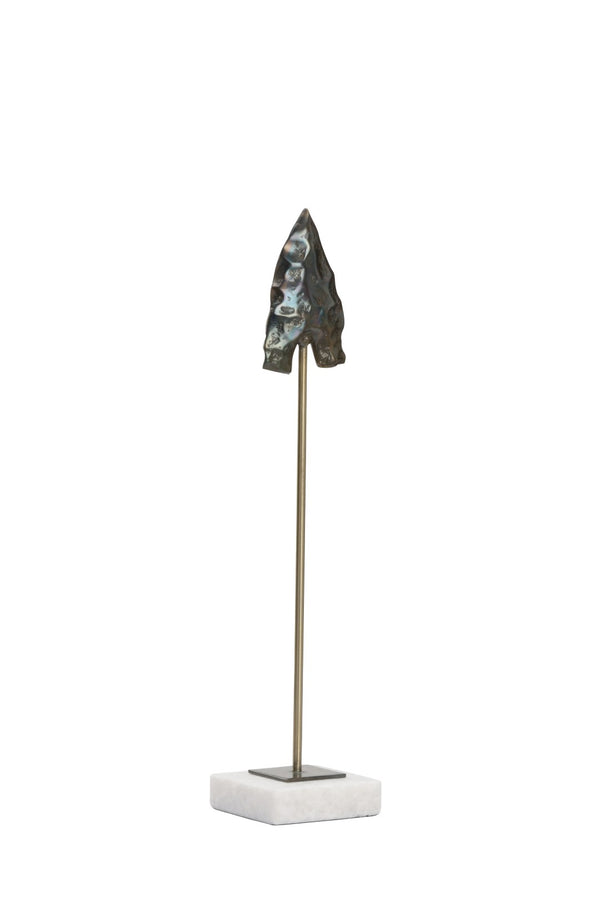 Wildwood Arrowsmith Antique Bronze Cast Iron Arrowhead Sculpture On White Marble Base — Rustic Museum DéCor Piece 15.5h x 3.25w x 3.25d 302315