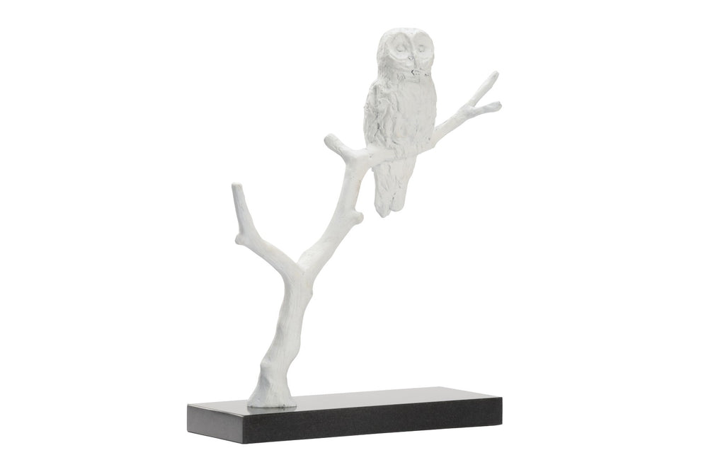 Wildwood Bog Cast Iron Owl Sculpture With Matte White Finish On Black Marble Base — Elegant Tabletop Decor, 16" H 302319