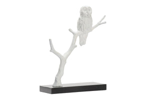 Wildwood Bog Cast Iron Owl Sculpture With Matte White Finish On Black Marble Base — Elegant Tabletop Decor, 16" H 302319
