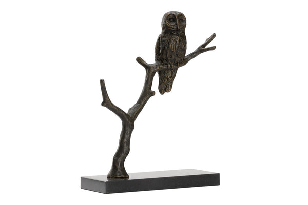Wildwood Bog Bronzed Barn Owl Sculpture On Black Marble Base — Rustic Elegance, Durable Cast-Iron DéCor, 16" H 302320