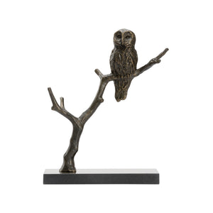 Wildwood Bog Bronzed Barn Owl Sculpture On Black Marble Base — Rustic Elegance, Durable Cast-Iron DéCor, 16" H 302320