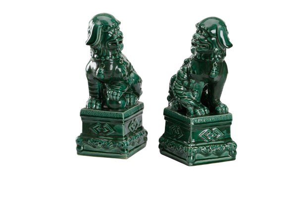 Wildwood Scenic Green Glazed Foo Dogs Pair — Ceramic Chinese Guardian Lions For Mantel, Shelf, Entryway Decor 302398