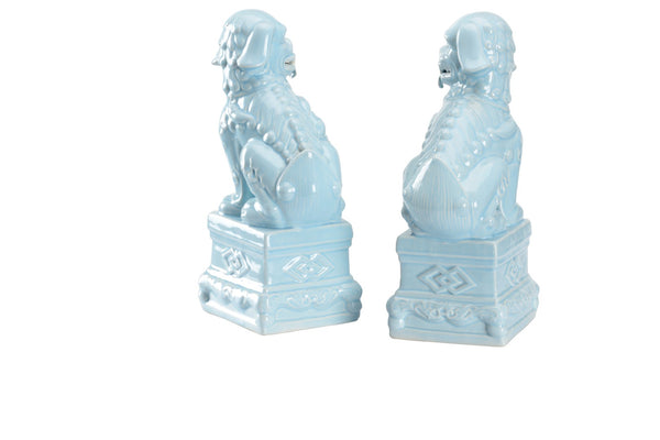 Wildwood Hawaiian Blue-Glazed Foo Dogs Pair — Coastal Ceramic Guardian Lions For Tabletops, Mantels, Prosperity Decor 302399