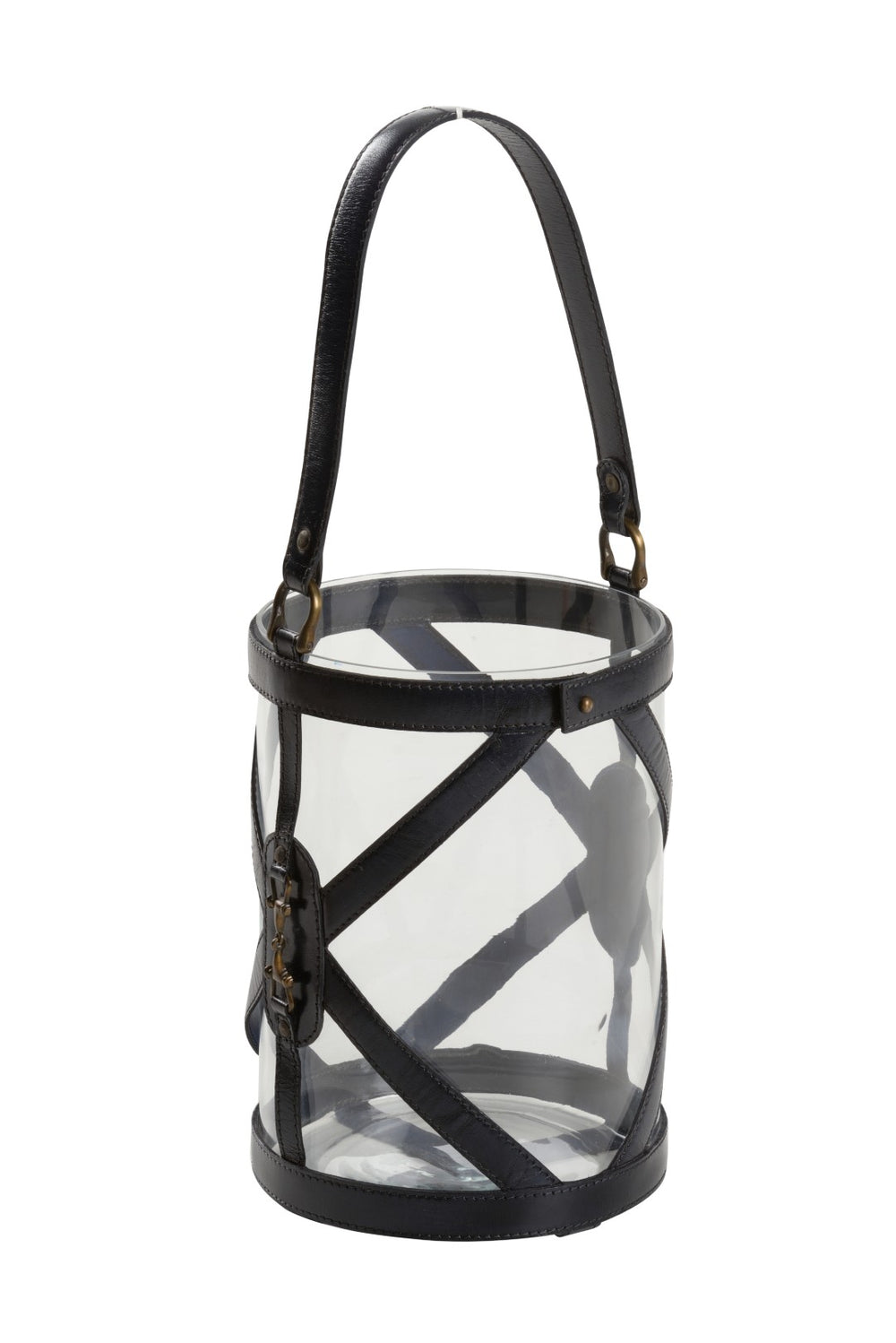 Wildwood Aberdeen Blue Hurricane Leather-Wrapped Glass Candle Holder With Bronze Buckles For Ambient Home Decor 302404