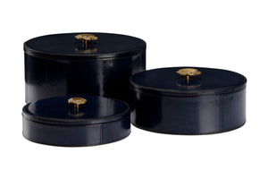 Wildwood Aberdeen Round Blue Leather Boxes Set Of 3 — Felt-Lined, Antique Brass Knobs, Stackable Storage Elegance 302405