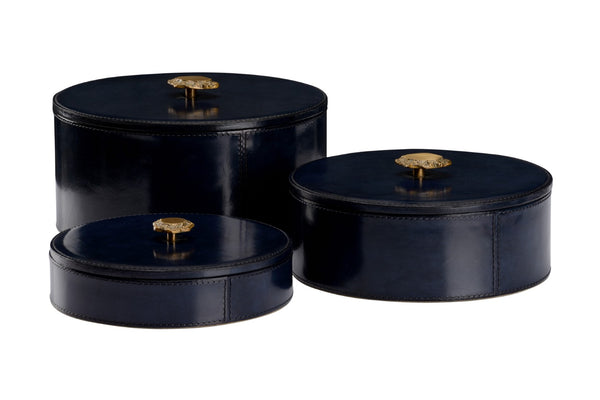 Wildwood Aberdeen Round Blue Leather Boxes Set Of 3 — Felt-Lined, Antique Brass Knobs, Stackable Storage Elegance 302405