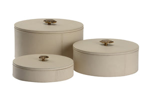 Wildwood Arabella Cream Leather Decorative Boxes Set Of 3 — Felt-Lined Round Storage With Antique Brass Knobs 302406