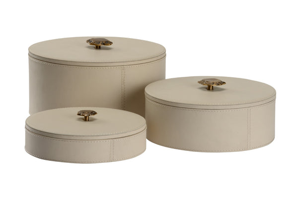 Wildwood Arabella Cream Leather Decorative Boxes Set Of 3 — Felt-Lined Round Storage With Antique Brass Knobs 302406