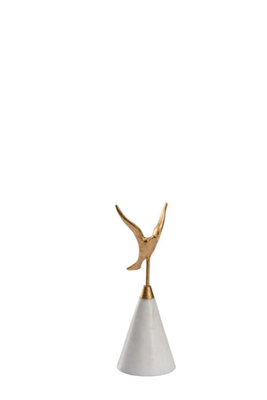 Wildwood Flights Sculptural Accent In Metallic Gold On White Marble Base — Elegant Mid-Flight Bird For Tablescape Decorating 10h x 3.75w x 3.75d 302409