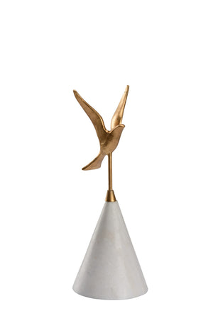 Wildwood Flights Sculptural Accent In Metallic Gold On White Marble Base — Elegant Mid-Flight Bird For Tablescape Decorating 16h x 6w x 6d 302410