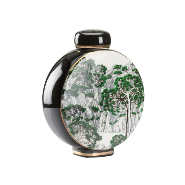 Wildwood Matsu Chinoiserie Ceramic Vase With Removable Lid — Green & White Landscape, Gold Accents, Elegant Decor 9.5h x 8w x 3.5d 302433