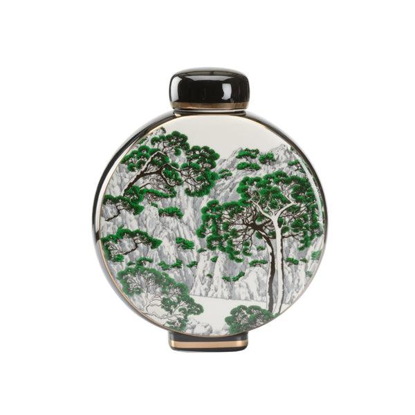 Wildwood Matsu Chinoiserie Ceramic Vase With Removable Lid — Green & White Landscape, Gold Accents, Elegant Decor 9.5h x 8w x 3.5d 302433