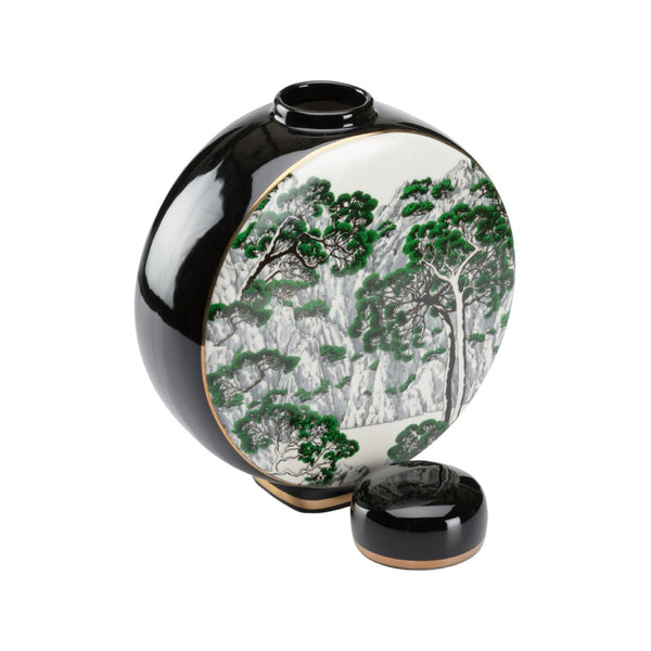 Wildwood Matsu Chinoiserie Ceramic Vase With Removable Lid — Green & White Landscape, Gold Accents, Elegant Decor 9.5h x 8w x 3.5d 302433