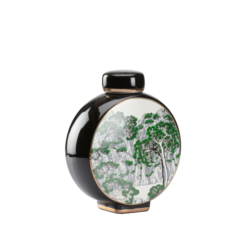 Wildwood Matsu Chinoiserie Ceramic Vase With Removable Lid — Green & White Landscape, Gold Accents, Elegant Decor 8h x 7w x 3d 302434
