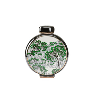 Wildwood Matsu Chinoiserie Ceramic Vase With Removable Lid — Green & White Landscape, Gold Accents, Elegant Decor 8h x 7w x 3d 302434
